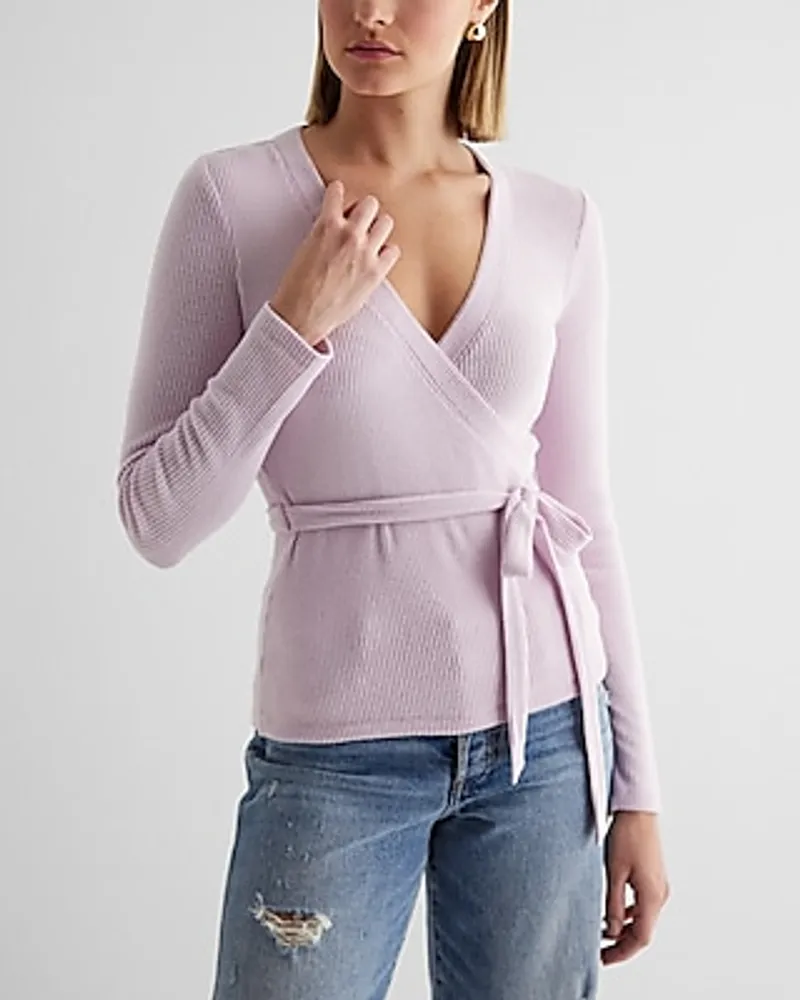 Ribbed Cozy Knit V-Neck Surplice Tie Waist Top Pink Women's