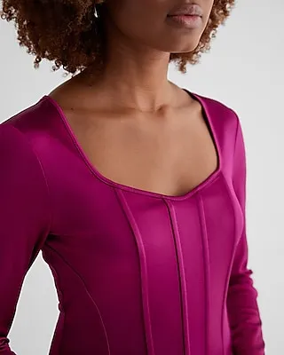 Body Contour Satin Long Sleeve Corset Top Pink Women's L