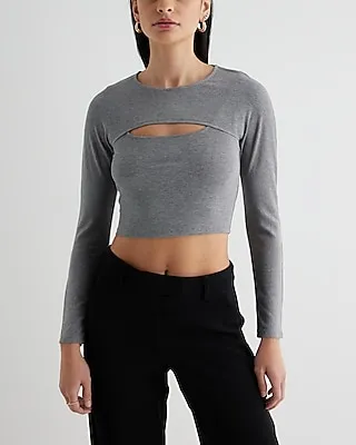 Ribbed Shrug And Square Neck Crop Top Gray Women's XL