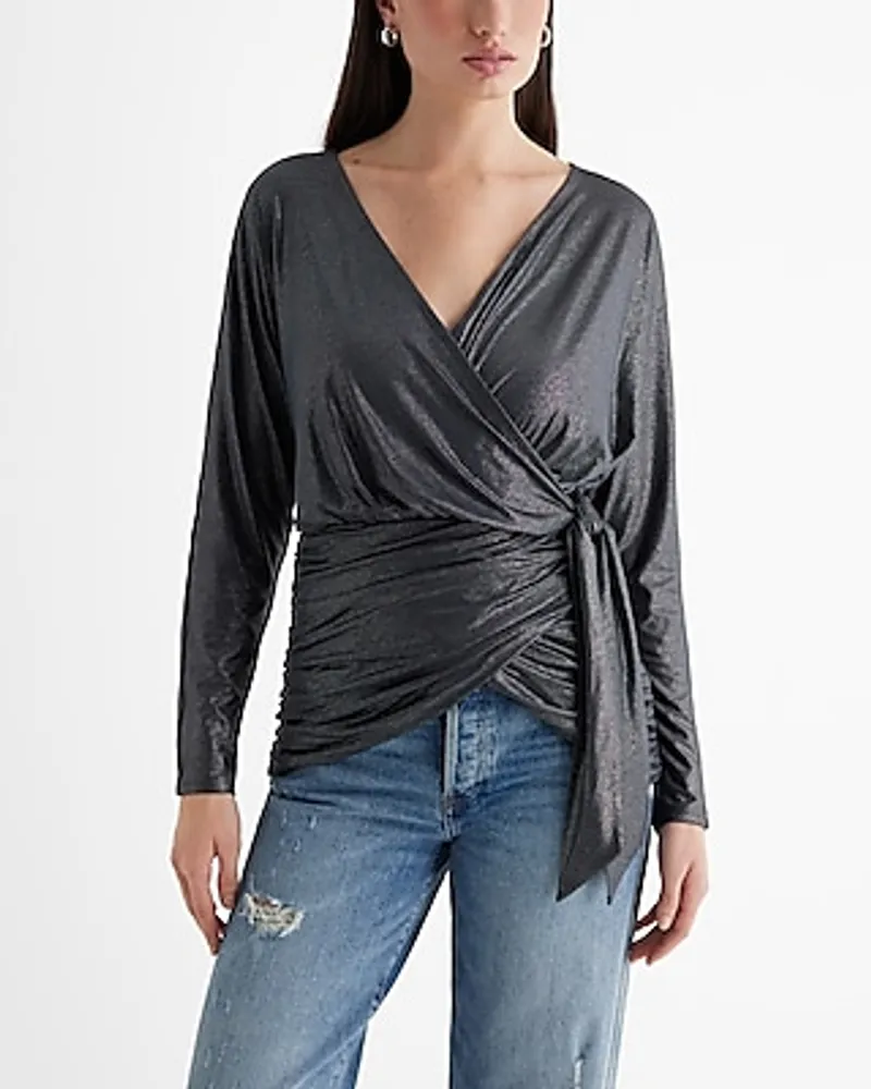 Relaxed Foil V-Neck Surplice Tie Waist Top Gray Women's