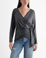 Relaxed Foil V-Neck Surplice Tie Waist Top