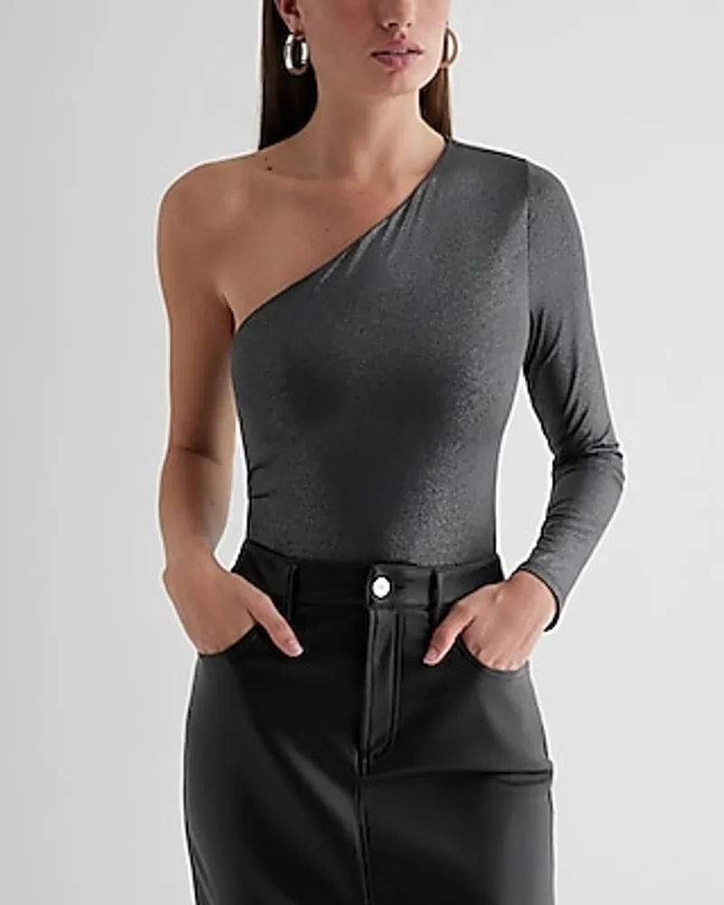 Body Contour Shine One Shoulder Long Sleeve Bodysuit Gray Women's XL