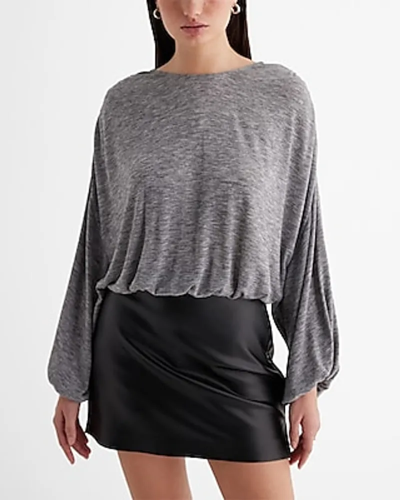 Skimming Light Weight Ruched Shoulder Balloon Sleeve Bubble Top Gray Women's S