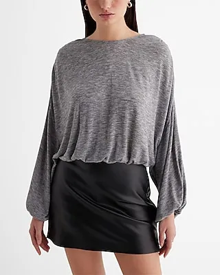 Skimming Light Weight Ruched Shoulder Balloon Sleeve Bubble Top Gray Women's L