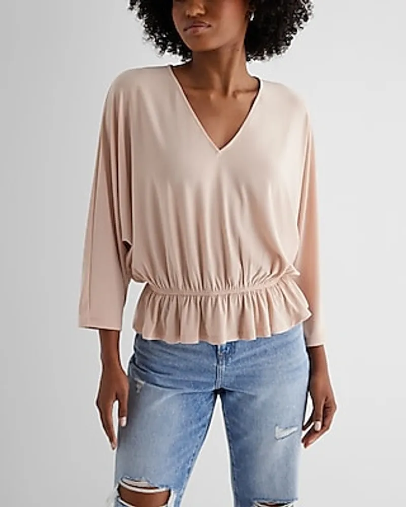 Skimming V-Neck Three Quarter Sleeve Ruched Peplum Tee Women's