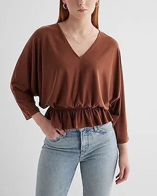 Skimming V-Neck Three Quarter Sleeve Ruched Peplum Tee Women