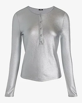 Fitted Ribbed Foil Long Sleeve Henley Tee White Women's S