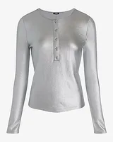 Fitted Ribbed Foil Long Sleeve Henley Tee White Women's S