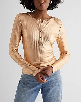 Fitted Ribbed Foil Long Sleeve Henley Tee