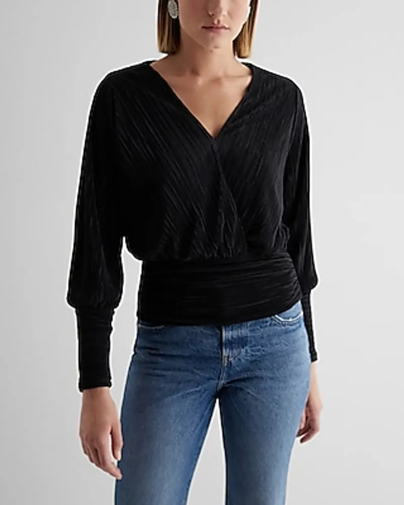 Pleated V-Neck Long Sleeve Surplice Top Black Women's S