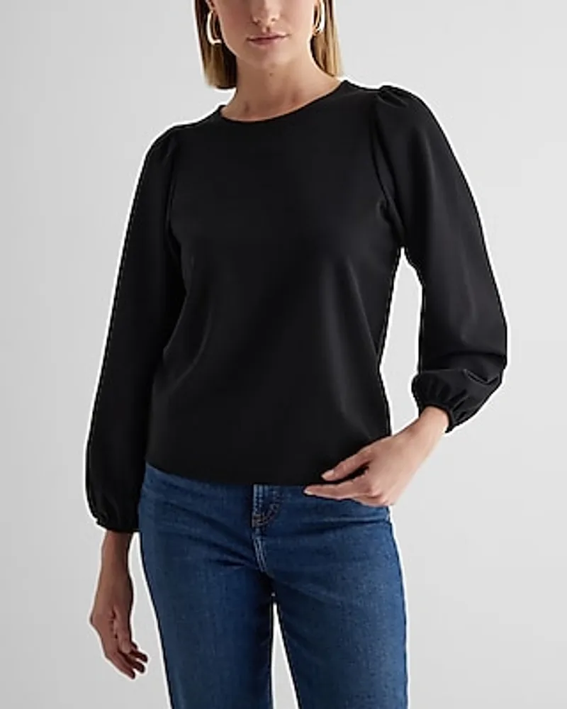 Crew Neck Puff Sleeve Top Black Women's L