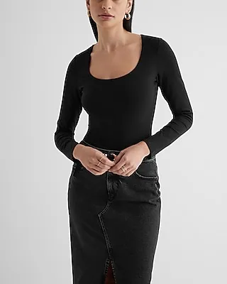 Body Contour Stretch Cotton Scoop Neck Long Sleeve Bodysuit Black Women's XL