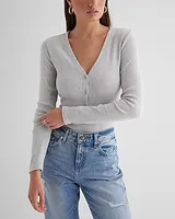 Ribbed Fitted V-Neck Henley Bodysuit Gray Women's S