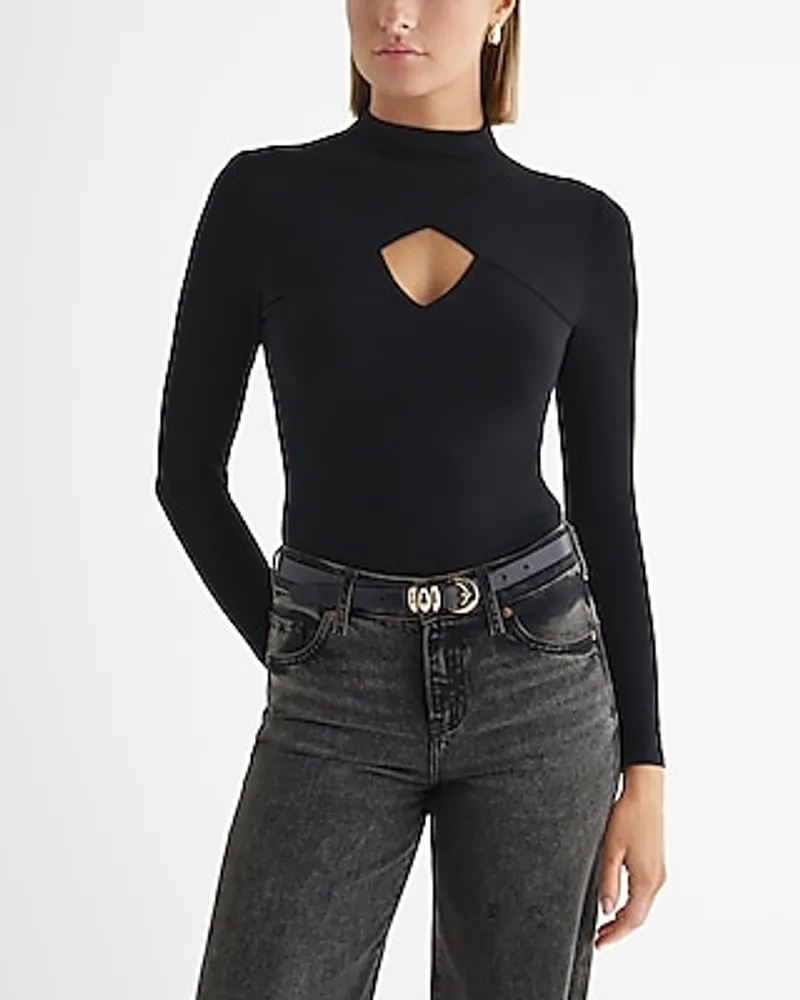 Express Mock Neck Long Sleeve Front Cutout Tee Women