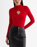 Mock Neck Long Sleeve Front Cutout Tee Red Women's XS