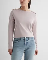 Skimming Cotton Crew Neck Long Sleeve Novelty Button Tee Red Women