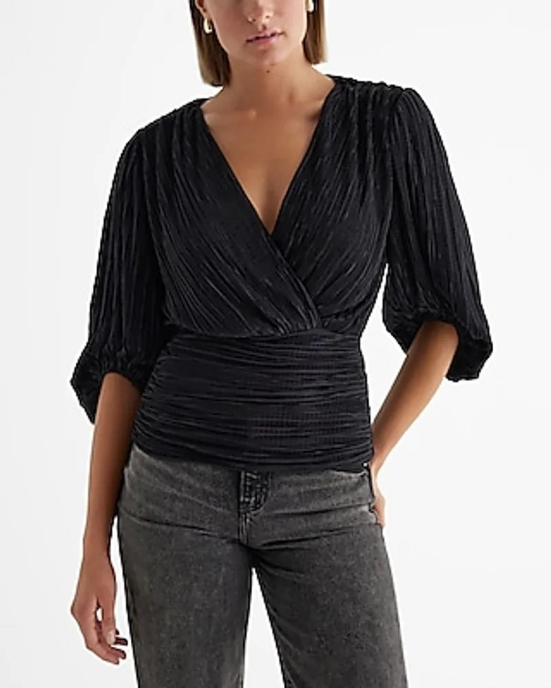 Pleated Draped V-Neck Puff Sleeve Faux Wrap Top Black Women's M