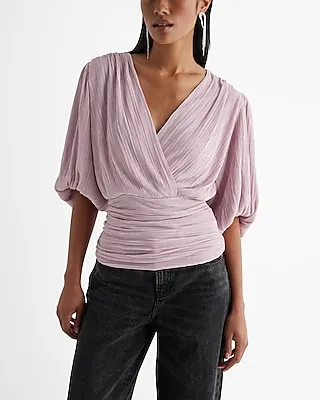 Pleated Draped V-Neck Puff Sleeve Faux Wrap Top Pink Women's XS