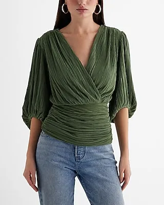 Pleated Draped V-Neck Puff Sleeve Faux Wrap Top Green Women's S