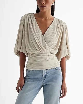 Pleated Draped V-Neck Puff Sleeve Faux Wrap Top Neutral Women's XS