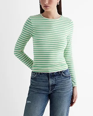 Fitted Striped Crew Neck Long Sleeve Tee Green Women's XL