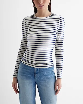Fitted Striped Crew Neck Long Sleeve Tee Blue Women's XS