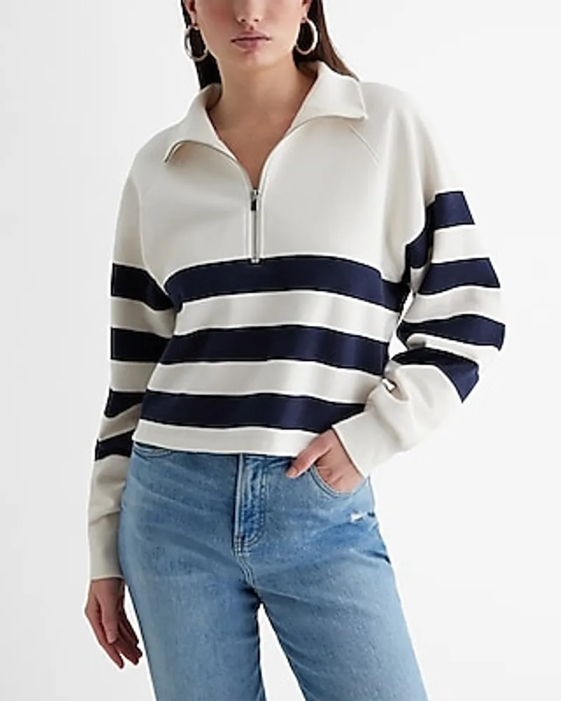 Striped Quarter Zip Boxy Fleece Sweatshirt Multi-Color Women's M