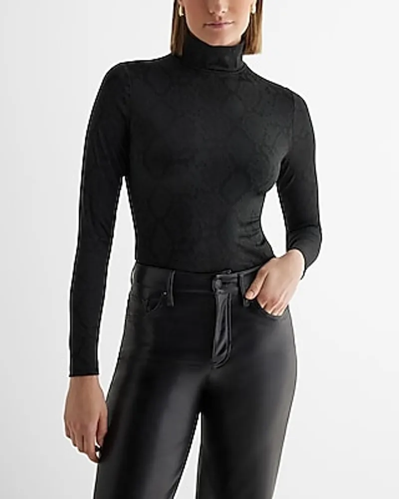 Express Body Contour Snakeskin Jacquard Mock Neck Long Sleeve Bodysuit  Black Women's XL