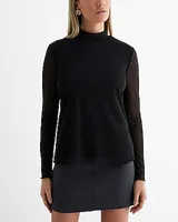 Mesh Mock Neck Long Sleeve Top Black Women's XS