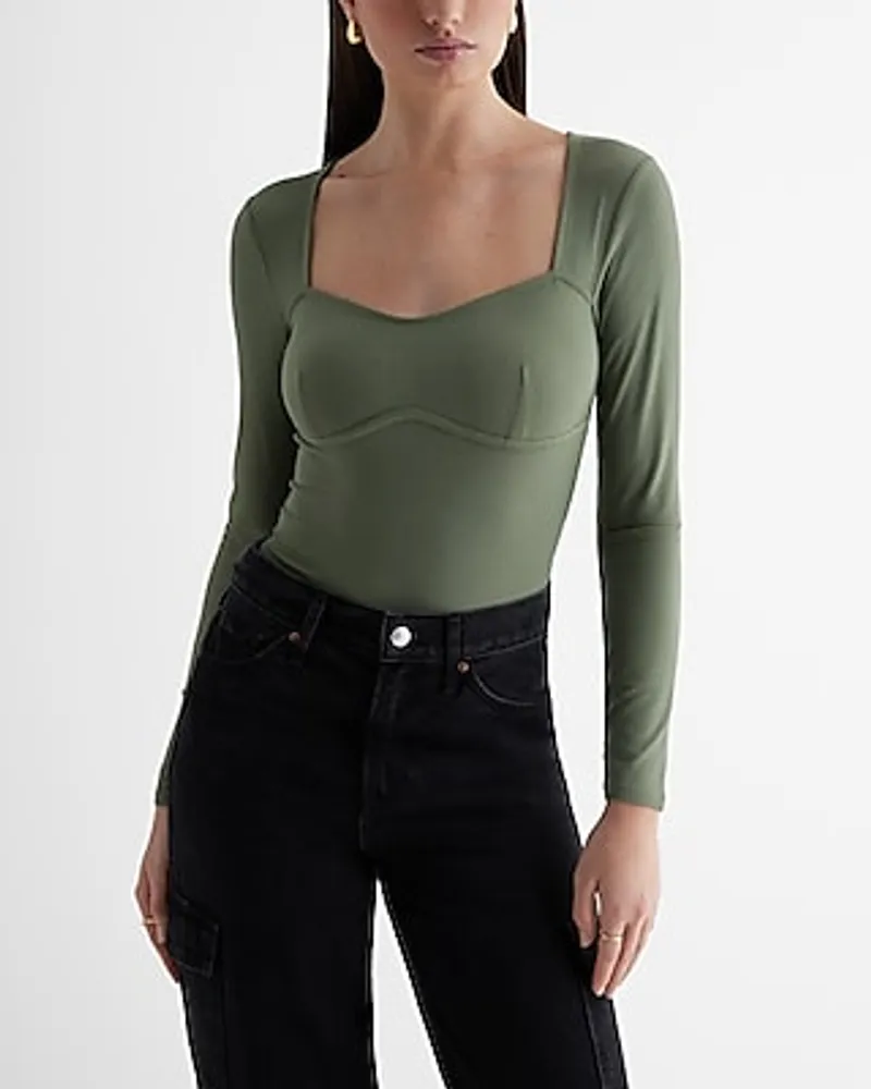 Ribbed Sweetheart Seamed Long Sleeve Tee Green Women's L