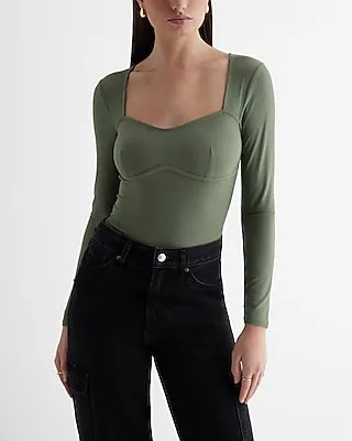 Ribbed Sweetheart Seamed Long Sleeve Tee Green Women's XS