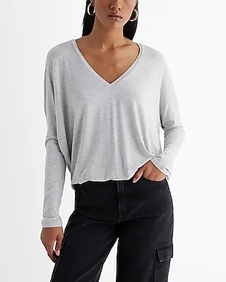 Relaxed V-Neck Long Sleeve London Tee Gray Women's XL