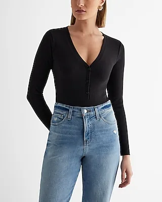 Ribbed V-Neck Henley Bodysuit Women's