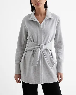 Mock Neck Tie Waist Button Up Fleece Sweatshirt Gray Women's