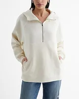 Quarter Zip Oversized Fleece Hoodie White Women's XS