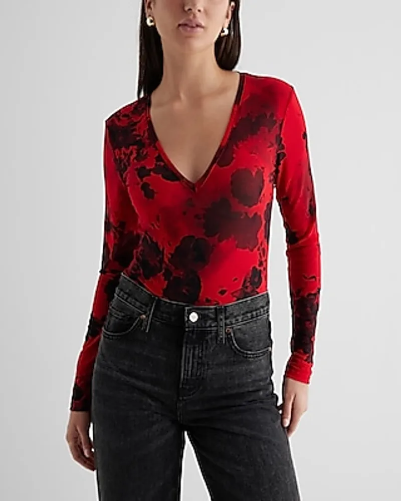 Express Fitted Mesh Floral Deep V-Neck Bodysuit Red Women's XS