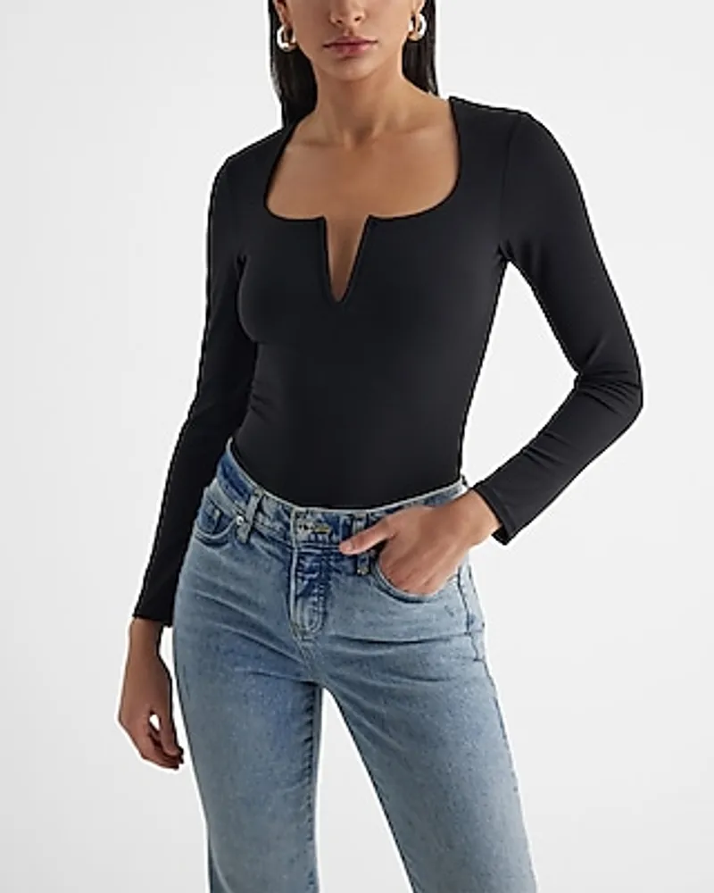 Express Body Contour High Compression V-Wire Long Sleeve Bodysuit Black  Women's