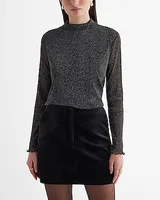 Mesh Shine Mock Neck Long Sleeve Top Silver Women's