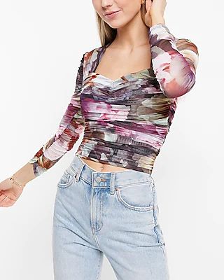 Body Contour Floral Mesh Crop Top With Removable Cups Multi-Color Women's XS