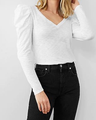 Skimming V-Neck Puff Shoulder Long Sleeve Tee White Women's M