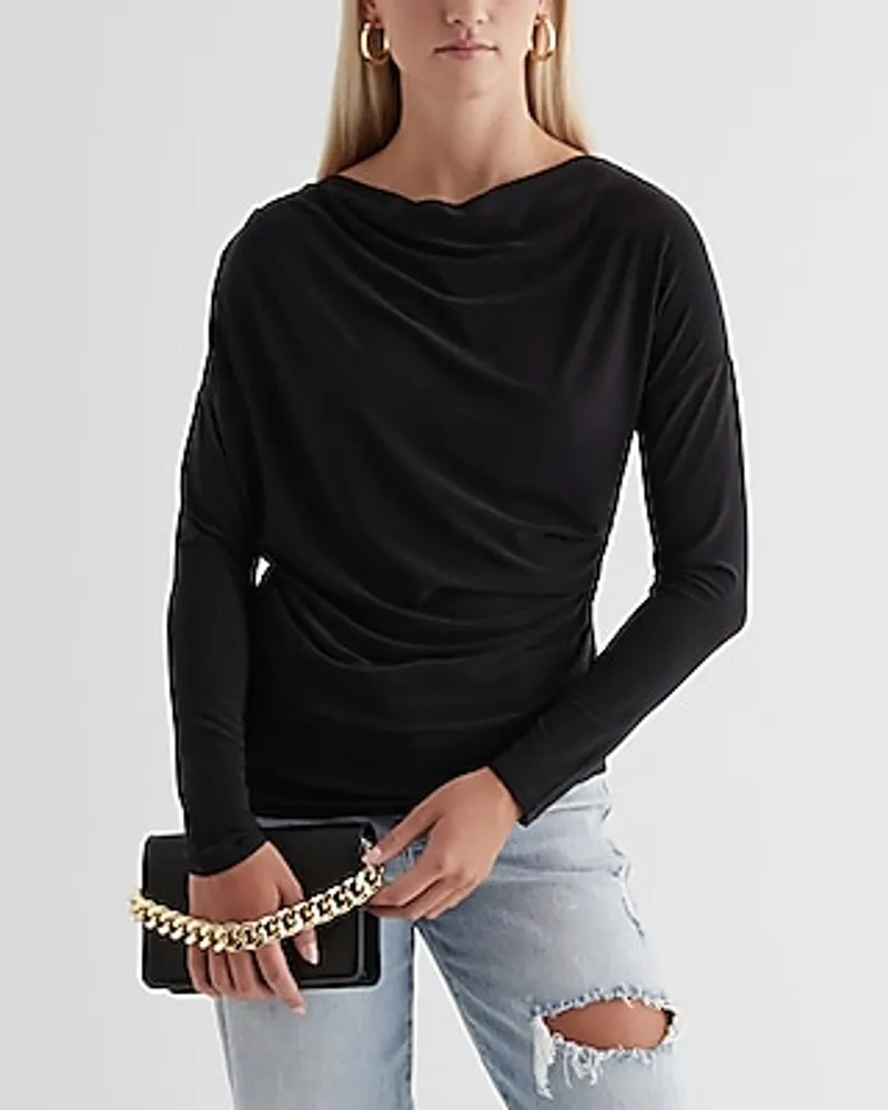 Skimming Cowl Neck Long Sleeve Ruched Tee Black Women's S