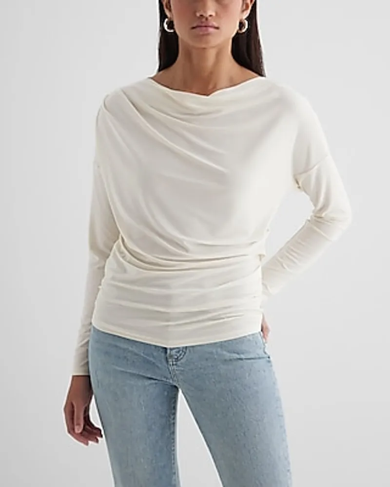 Skimming Cowl Neck Long Sleeve Ruched Tee White Women's XS