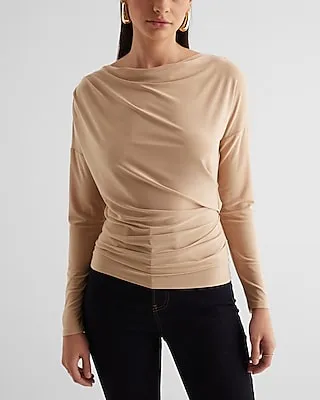 Skimming Cowl Neck Long Sleeve Ruched Tee Neutral Women's XS