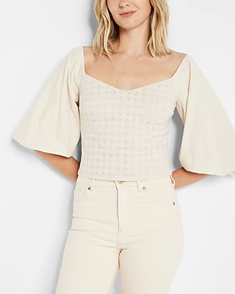 Eyelet Square Neck Puff Sleeve Blouse