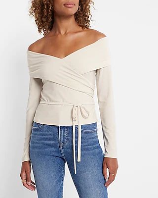 Off The Shoulder Long Sleeve Wrap Top Neutral Women's S