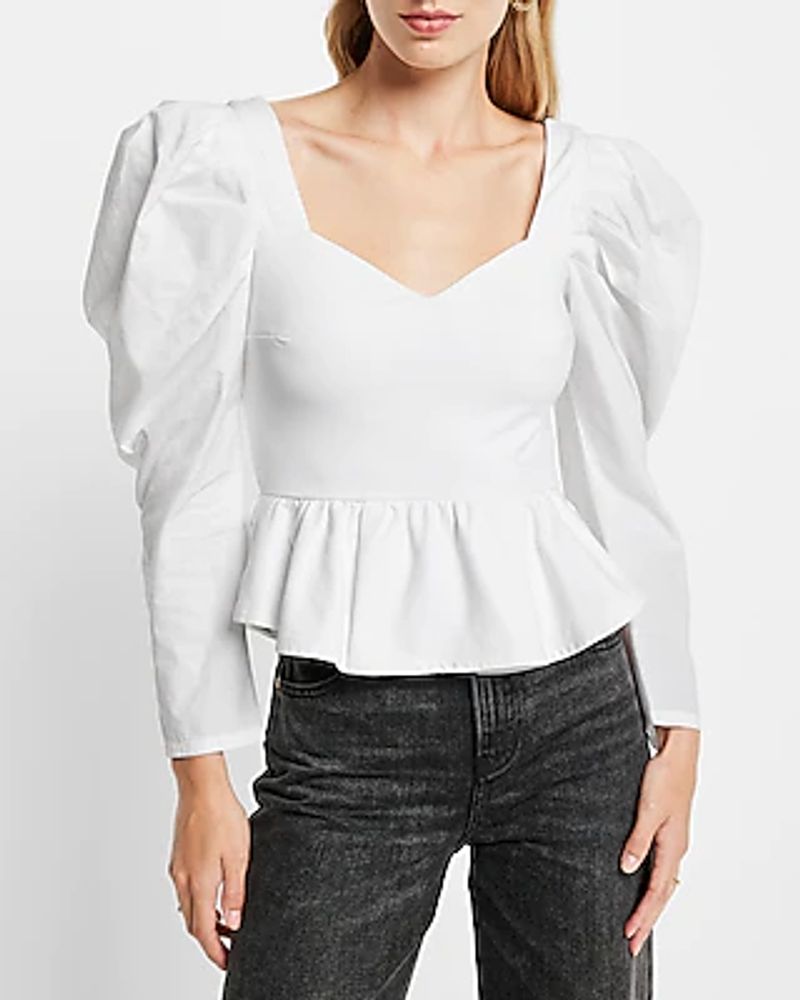 Sweetheart Neckline Poplin Sleeve Peplum Top White Women's XS