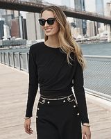 Matte Crew Neck Long Sleeve Draped Crop Top Black Women's L