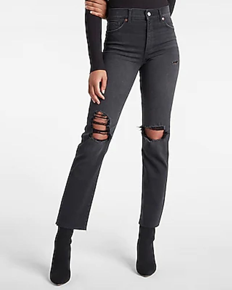 Express Super High Waisted Black Ripped Modern Straight Jeans, Women's Size: 12