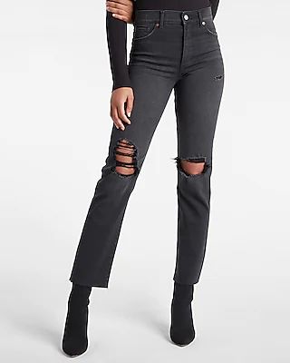 Super High Waisted Black Ripped Modern Straight Jeans