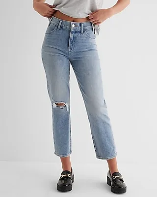 High Waisted Light Wash Ripped Straight Ankle Jeans